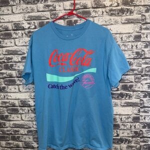Coca-Cola Classic Catch The Wave Light Blue Neon Print T-Shirt Size Large